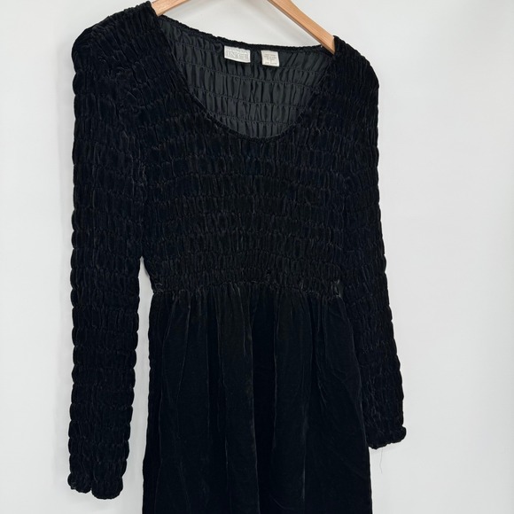 Moda International Black Crushed Velvet Long Sleeve Smocked Dress Women's Size S - Picture 2 of 9